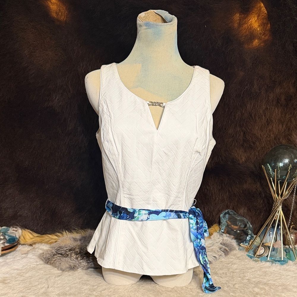 White Sleeveless Top with Blue Floral Belt